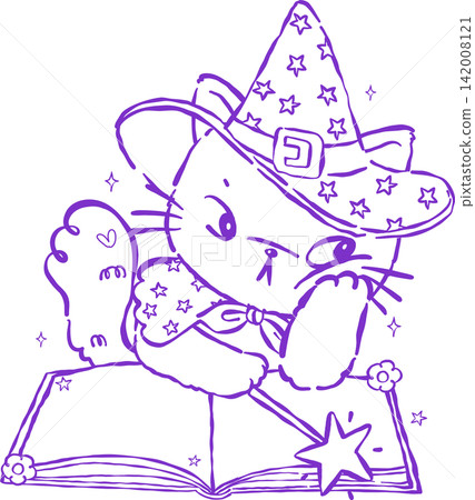 Halloween Witch Cat Outline Reading Magic Book with Wand Hand Drawn Illustration Halloween Witch Cat Outline Reading Magic Book with Wand Hand Drawn Illustration 142008121