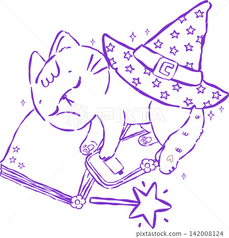 Halloween Witch Cat Outine Sleeping with Open Book and No Battery Phone Hand Drawn Illustration Halloween Witch Cat Outine Sleeping with Open Book and No Battery Phone Hand Drawn Illustration 142008124