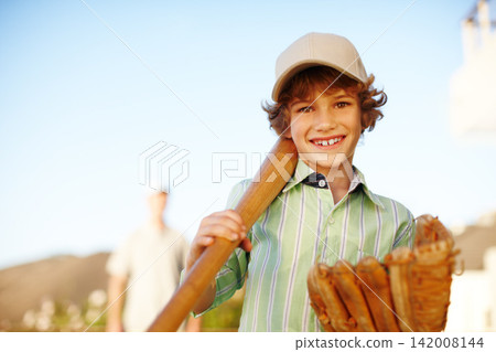 Boy, baseball glove and bat in portrait, outdoor and backyard in game with dad for love, bonding or teaching. Child, smile and ready for softball, sports and learning with papa for fun at family home Boy, baseball glove and bat in portrait, outdoor and backyard in game with dad for love, bonding or teaching. Child, smile and ready for softball, sports and learning with papa for fun at family home 142008144
