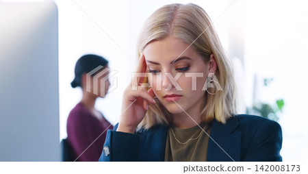 Business, headache and woman with burnout, stress and overworked with mental health and anxiety in office. Person, professional and consultant with migraine and compliance officer with pain and tired Business, headache and woman with burnout, stress and overworked with mental health and anxiety in office. Person, professional and consultant with migraine and compliance officer with pain and tired 142008173