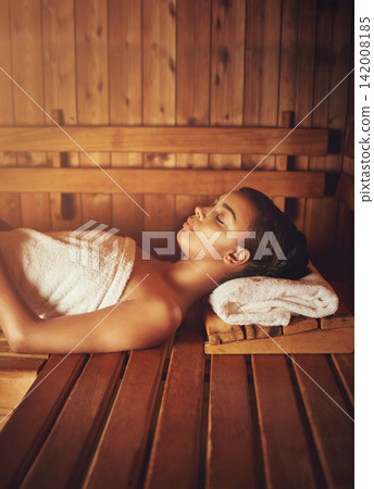 sleep, spa and woman in sauna to relax for wellness, luxury and skincare for beauty and health. Therapy, rest and female person in steam room for dermatology, body care and natural detox at club sleep, spa and woman in sauna to relax for wellness, luxury and skincare for beauty and health. Therapy, rest and female person in steam room for dermatology, body care and natural detox at club 142008185