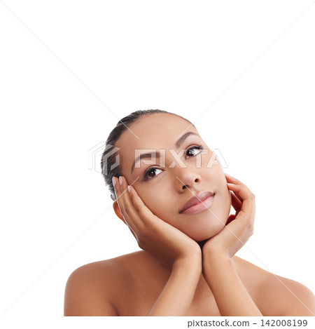 Woman, thinking and beauty with cosmetics for cosmetology, facial or skincare on a white studio background. Face of female person, brunette or model in wonder, thought or satisfaction for treatment Woman, thinking and beauty with cosmetics for cosmetology, facial or skincare on a white studio background. Face of female person, brunette or model in wonder, thought or satisfaction for treatment 142008199
