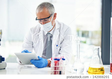 Research, science and tablet with mature man in laboratory for breakthrough, experiment or innovation. Medical, pharmaceuticals and test with scientist in lab for discovery of covid cure or treatment Research, science and tablet with mature man in laboratory for breakthrough, experiment or innovation. Medical, pharmaceuticals and test with scientist in lab for discovery of covid cure or treatment 142008201