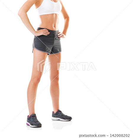 Fitness, workout and body of woman on a white background for training, exercise and running. Sports athlete, runner legs and isolated person in sportswear for wellness, shoes or performance in studio Fitness, workout and body of woman on a white background for training, exercise and running. Sports athlete, runner legs and isolated person in sportswear for wellness, shoes or performance in studio 142008202