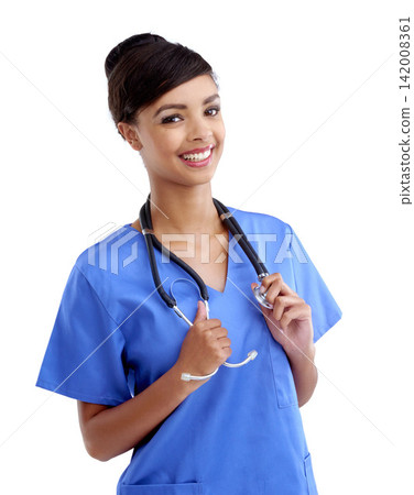Healthcare, portrait and woman nurse in studio with stethoscope for lungs, heart or chest exam on white background. Hospital, face and surgical intern smile with friendly service, help or consulting Healthcare, portrait and woman nurse in studio with stethoscope for lungs, heart or chest exam on white background. Hospital, face and surgical intern smile with friendly service, help or consulting 142008361