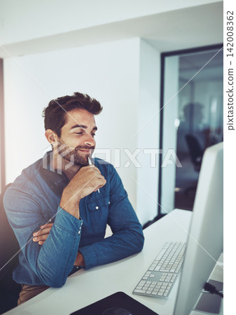 Computer, thinking and businessman in office with pen for planning, idea or reading online info. Research, goal and web designer with pc search for creative, inspiration and checking email feedback 142008362