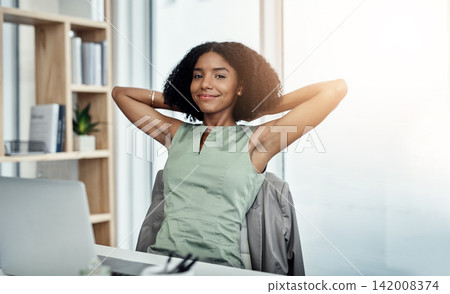 Office, portrait and black woman relax at desk and pride for progress and productivity in tasks at startup. Done, complete and worker finished with deadline and stretching in chair with smile Office, portrait and black woman relax at desk and pride for progress and productivity in tasks at startup. Done, complete and worker finished with deadline and stretching in chair with smile 142008374
