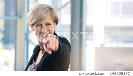 Office, portrait and businesswoman pointing with smile for choosing, recruiting and selection choice. Professional, mature person or company ceo with hand gesture, positive attitude or decision Office, portrait and businesswoman pointing with smile for choosing, recruiting and selection choice. Professional, mature person or company ceo with hand gesture, positive attitude or decision 142008377