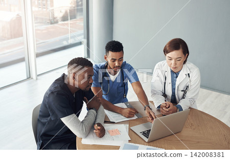 People, nurse and teamwork in meeting with laptop, planning or research on cancer in genetic mutation. Healthcare group, doctors and medical leadership of online results or progress in clinical trial People, nurse and teamwork in meeting with laptop, planning or research on cancer in genetic mutation. Healthcare group, doctors and medical leadership of online results or progress in clinical trial 142008381