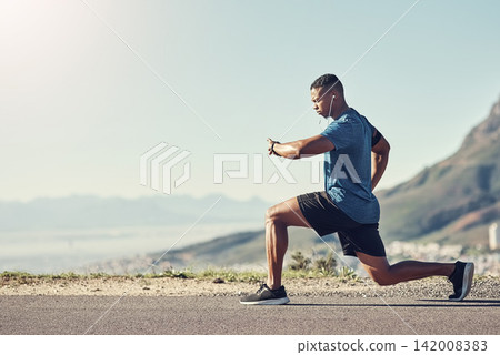 Black man, stretching and outdoor with workout, exercise and runner or training for future sports competition. Athlete, lunges and road for fitness, health and running with stopwatch or music Black man, stretching and outdoor with workout, exercise and runner or training for future sports competition. Athlete, lunges and road for fitness, health and running with stopwatch or music 142008383