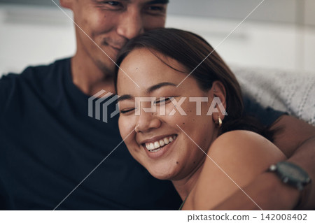 Couple, hug and laugh on sofa for love, humor and romance on home date and funny joke for comedy. Happy people, relax and bonding in embrace for marriage, support and trust in connection or comfort Couple, hug and laugh on sofa for love, humor and romance on home date and funny joke for comedy. Happy people, relax and bonding in embrace for marriage, support and trust in connection or comfort 142008402