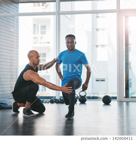 Fitness, instructor and lunge exercise in gym, diversity and people in wellness centre for training and strong abdominal muscles. Coaching, health and support for leg workout, active and men 142008411