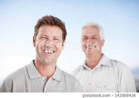 Senior father, man and outdoor for portrait with smile, care and bonding on vacation with summer sky. Elderly dad, son and happy together with nature, sunshine and connection on holiday in Australia Senior father, man and outdoor for portrait with smile, care and bonding on vacation with summer sky. Elderly dad, son and happy together with nature, sunshine and connection on holiday in Australia 142008426