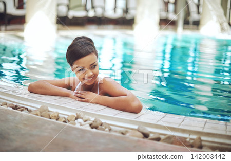 Vacation, relax and pool for swimming, girl and smile for fun, travel and happy in water, clean and blue in resort. Outdoor, tourist and person in holiday, trip and hotel for summer in Maldives Vacation, relax and pool for swimming, girl and smile for fun, travel and happy in water, clean and blue in resort. Outdoor, tourist and person in holiday, trip and hotel for summer in Maldives 142008442