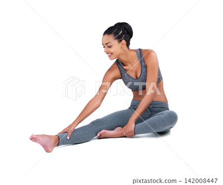 Stretching, legs and woman warm up in studio, white background and fitness in mockup space. Healthy, exercise and agile girl prepare for training for benefits in workout with wellness and energy Stretching, legs and woman warm up in studio, white background and fitness in mockup space. Healthy, exercise and agile girl prepare for training for benefits in workout with wellness and energy 142008447