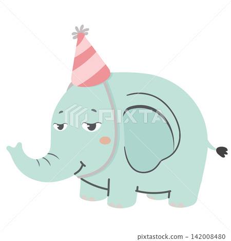 Elephant wearing pink striped party hat Elephant wearing pink striped party hat 142008480