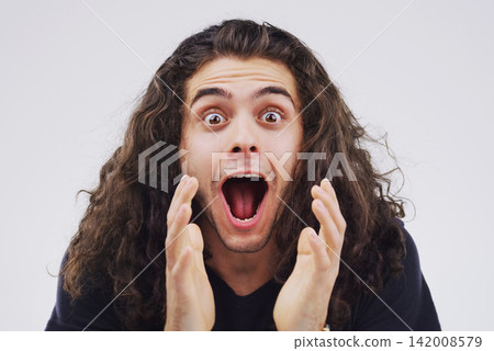 Man, portrait and shock in studio for bonus, sale and wtf or omg for prize on white background. Excited male person, surprise and what for lottery success, winner and discount or happy for deal Man, portrait and shock in studio for bonus, sale and wtf or omg for prize on white background. Excited male person, surprise and what for lottery success, winner and discount or happy for deal 142008579