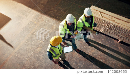 Walking, clipboard and carpenter in workshop with tablet on furniture manufacturing in collaboration. Men, conversation and woodworkers with quality control for timber project in factory from above. Walking, clipboard and carpenter in workshop with tablet on furniture manufacturing in collaboration. Men, conversation and woodworkers with quality control for timber project in factory from above. 142008663
