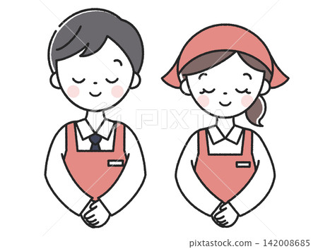 A male and female shop employee bowing. A male and female shop employee bowing. 142008685