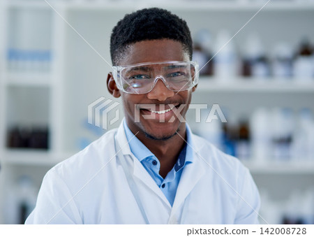 Science, portrait and black man with confidence, smile and glasses in laboratory for pharmaceutical research. Medical study, lab technician or happy face of scientist with professional pride at job Science, portrait and black man with confidence, smile and glasses in laboratory for pharmaceutical research. Medical study, lab technician or happy face of scientist with professional pride at job 142008728