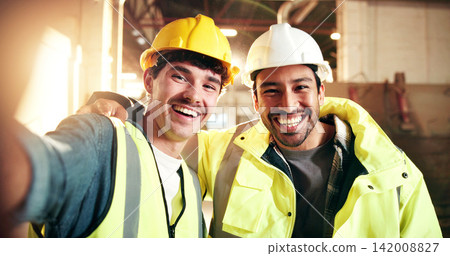 Smile, selfie and portrait of carpenters in workshop with confidence for furniture manufacturing. Men, collaboration and woodworkers with photography picture for about us, teamwork or timber project. Smile, selfie and portrait of carpenters in workshop with confidence for furniture manufacturing. Men, collaboration and woodworkers with photography picture for about us, teamwork or timber project. 142008827