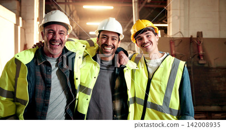 Happy, men and portrait of carpenter in workshop with confidence for furniture manufacturing. Smile, collaboration and woodworkers with pride for about us, teamwork or timber project in factory. Happy, men and portrait of carpenter in workshop with confidence for furniture manufacturing. Smile, collaboration and woodworkers with pride for about us, teamwork or timber project in factory. 142008935