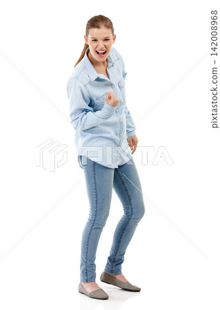 Girl, success and wow in studio portrait for news, results or announcement of college opportunity and admission. Excited student or model with fist, power and study celebration on a white background 142008968