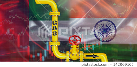Gas pipeline with Emirati and Indian flag. Production and export of Emirati gas to India Gas pipeline with Emirati and Indian flag. Production and export of Emirati gas to India 142009105