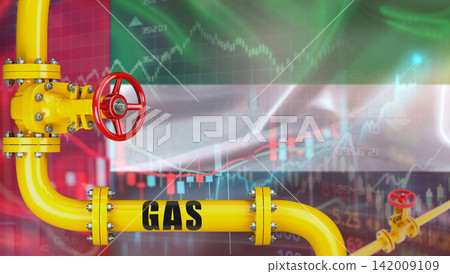 Gas pipeline with United Arab Emirates flag in the background. Gas production with Emirati flag on market chart Gas pipeline with United Arab Emirates flag in the background. Gas production with Emirati flag on market chart 142009109