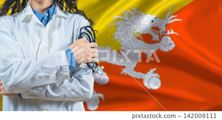 Healthcare professional with Bhutan flag background. Professional doctor holding stethoscope on Bhutan flag background. Healthcare professional with Bhutan flag background. Professional doctor holding stethoscope on Bhutan flag background. 142009111