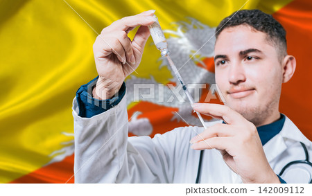 Doctor holding syringe on Bhutan flag background. Medical professional holding syringe with Bhutanese flag in the background Doctor holding syringe on Bhutan flag background. Medical professional holding syringe with Bhutanese flag in the background 142009112