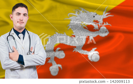 Portrait of medical professional on Bhutan flag background. Bhutanese national health system. Portrait of medical professional on Bhutan flag background. Bhutanese national health system. 142009113