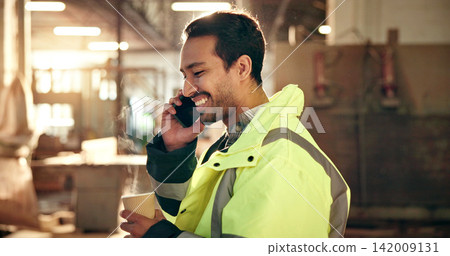Carpenter, coffee and man in workshop for phone call, production update and talking on break. Construction, contractor and person on cellphone for chat, project feedback and contact for renovation Carpenter, coffee and man in workshop for phone call, production update and talking on break. Construction, contractor and person on cellphone for chat, project feedback and contact for renovation 142009131