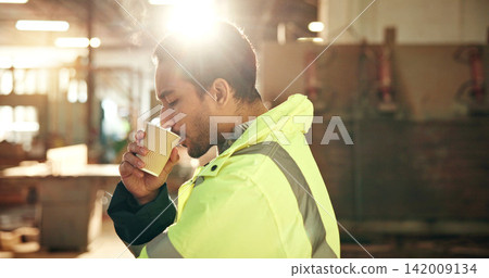 Construction, coffee and man in workshop for break, rest and recharge with caffeine for renovation. Carpentry, contractor and person with drink, beverage and latte for energy, wellness and calm Construction, coffee and man in workshop for break, rest and recharge with caffeine for renovation. Carpentry, contractor and person with drink, beverage and latte for energy, wellness and calm 142009134