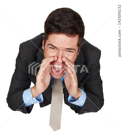 Above, portrait and businessman with shouting, screaming and loud in studio or white background. Male person, high angle and gesture in backdrop for expression, frustration and emotions with energy Above, portrait and businessman with shouting, screaming and loud in studio or white background. Male person, high angle and gesture in backdrop for expression, frustration and emotions with energy 142009232