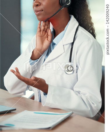 Telehealth, sore throat and doctor in hospital for medical advice, online consulting and diagnosis. Healthcare, mockup and black woman with virus, infection and red thyroid pain for wellness service Telehealth, sore throat and doctor in hospital for medical advice, online consulting and diagnosis. Healthcare, mockup and black woman with virus, infection and red thyroid pain for wellness service 142009240
