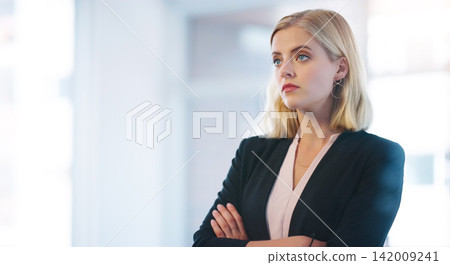 Business woman, serious and thinking with arms crossed, professional ambition and pride with determination. Motivation, drive and confidence in career with young financial advisor in the workplace 142009241