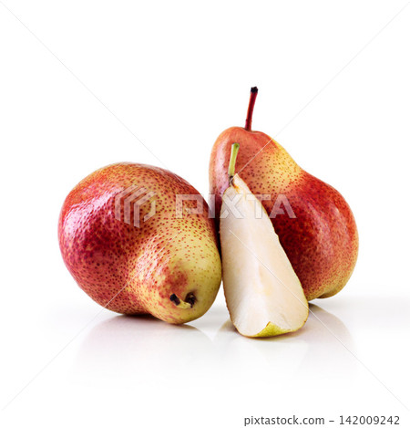 Healthy, nutrition or pear in studio for appetizer, tasty treat or fresh food diet. Pyrus communis, white background and isolated for fruit snack, vitamins or organic fiber eating and wellness Healthy, nutrition or pear in studio for appetizer, tasty treat or fresh food diet. Pyrus communis, white background and isolated for fruit snack, vitamins or organic fiber eating and wellness 142009242