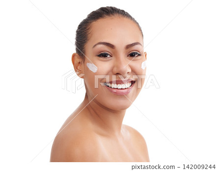 Happy woman, portrait and skincare with lotion for beauty or moisturizing on a white studio background. Face of female person, brunette or model with smile for anti aging, cream or SPF in dermatology Happy woman, portrait and skincare with lotion for beauty or moisturizing on a white studio background. Face of female person, brunette or model with smile for anti aging, cream or SPF in dermatology 142009244