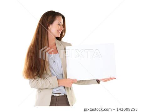 Businesswoman, poster and advertising with mockup for branding, product placement or marketing on studio. Copywriter, blank or billboard sign by female person for display, announcement or information Businesswoman, poster and advertising with mockup for branding, product placement or marketing on studio. Copywriter, blank or billboard sign by female person for display, announcement or information 142009253