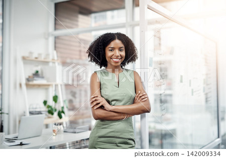 Happy, portrait and black woman in office as financial advisor for planning in asset management. Corporate, finance and worker in USA with smile in workplace for professional consultation to invest 142009334