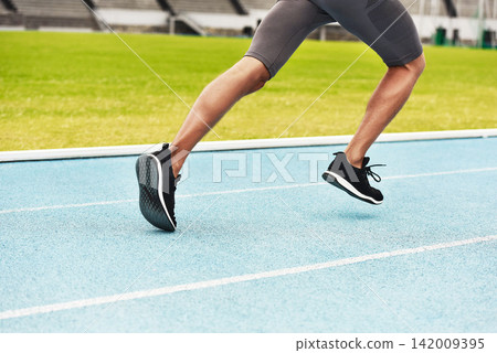 Legs, running and exercise in stadium with health for race competition, cardio workout and marathon. Athlete, outdoor training and speed at run track for fitness action, strong body and sports event Legs, running and exercise in stadium with health for race competition, cardio workout and marathon. Athlete, outdoor training and speed at run track for fitness action, strong body and sports event 142009395