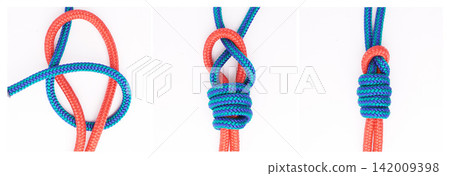 Guide, steps or how to tie knot on white background in studio for security or safety instruction. Material, ropes and color design for cords technique, tools or learning for survival cable lesson Guide, steps or how to tie knot on white background in studio for security or safety instruction. Material, ropes and color design for cords technique, tools or learning for survival cable lesson 142009398