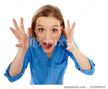 Woman, portrait and surprise for prize in studio, information and announcement on white background. Female person, mockup space and shock for discount or sale, news and overwhelmed for bonus giveaway Woman, portrait and surprise for prize in studio, information and announcement on white background. Female person, mockup space and shock for discount or sale, news and overwhelmed for bonus giveaway 142009443