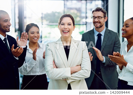 Applause, pride and portrait of business woman with team in office for good news, achievement or goal. Happy, gratitude and group of financial advisors clapping hands for female person in workplace. Applause, pride and portrait of business woman with team in office for good news, achievement or goal. Happy, gratitude and group of financial advisors clapping hands for female person in workplace. 142009444