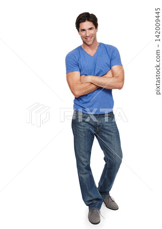Man, studio and arms crossed with confidence and smile for fashion, cool or trendy with style. Male teacher and casual on backdrop in portrait with jeans, tshirt or happiness in Spain or Europe 142009445