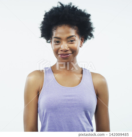 African woman, fitness and studio portrait with smile in sports clothes for training by white background. Girl, person or model with pride for health, exercise and happy for wellness with workout 142009485