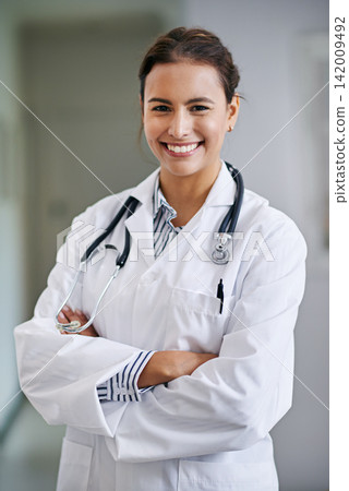 Smile, portrait and doctor with stethoscope in hospital, clinic and wellness facility with confidence in medical career. Female person, cardiologist and healthcare professional with trust and help Smile, portrait and doctor with stethoscope in hospital, clinic and wellness facility with confidence in medical career. Female person, cardiologist and healthcare professional with trust and help 142009492