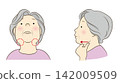 Illustration of a senior woman performing salivary gland massage. 142009509