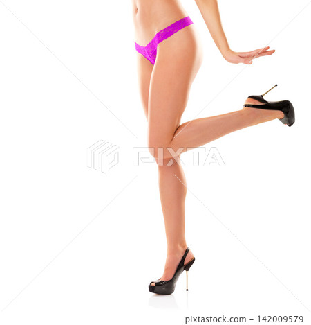 Woman, legs and studio white background for skincare, beauty and health with confidence in underwear. Female person, self care and mockup space in lingerie for cosmetics, dermatology or hair removal Woman, legs and studio white background for skincare, beauty and health with confidence in underwear. Female person, self care and mockup space in lingerie for cosmetics, dermatology or hair removal 142009579